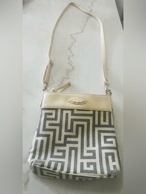 Spartina 449 Leather & Linen Greek Key Print Crossbody Bag Ivory & Grey